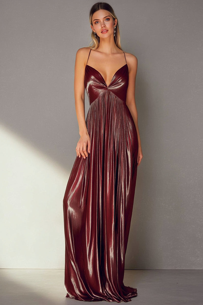 Load image into Gallery viewer, Coffee Pleated Spaghetti Straps Long Wedding Guest Dress