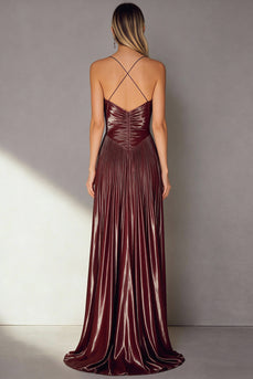 Coffee Pleated Spaghetti Straps Long Wedding Guest Dress