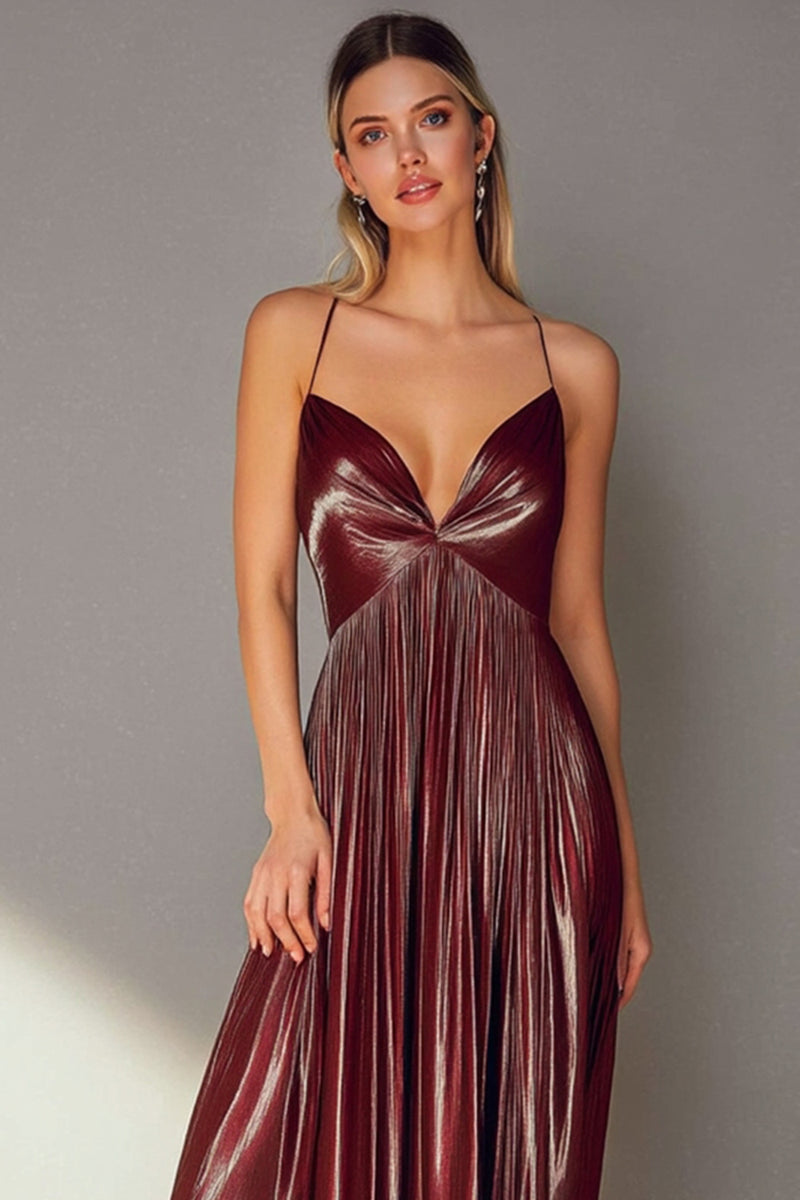 Load image into Gallery viewer, Coffee Pleated Spaghetti Straps Long Wedding Guest Dress