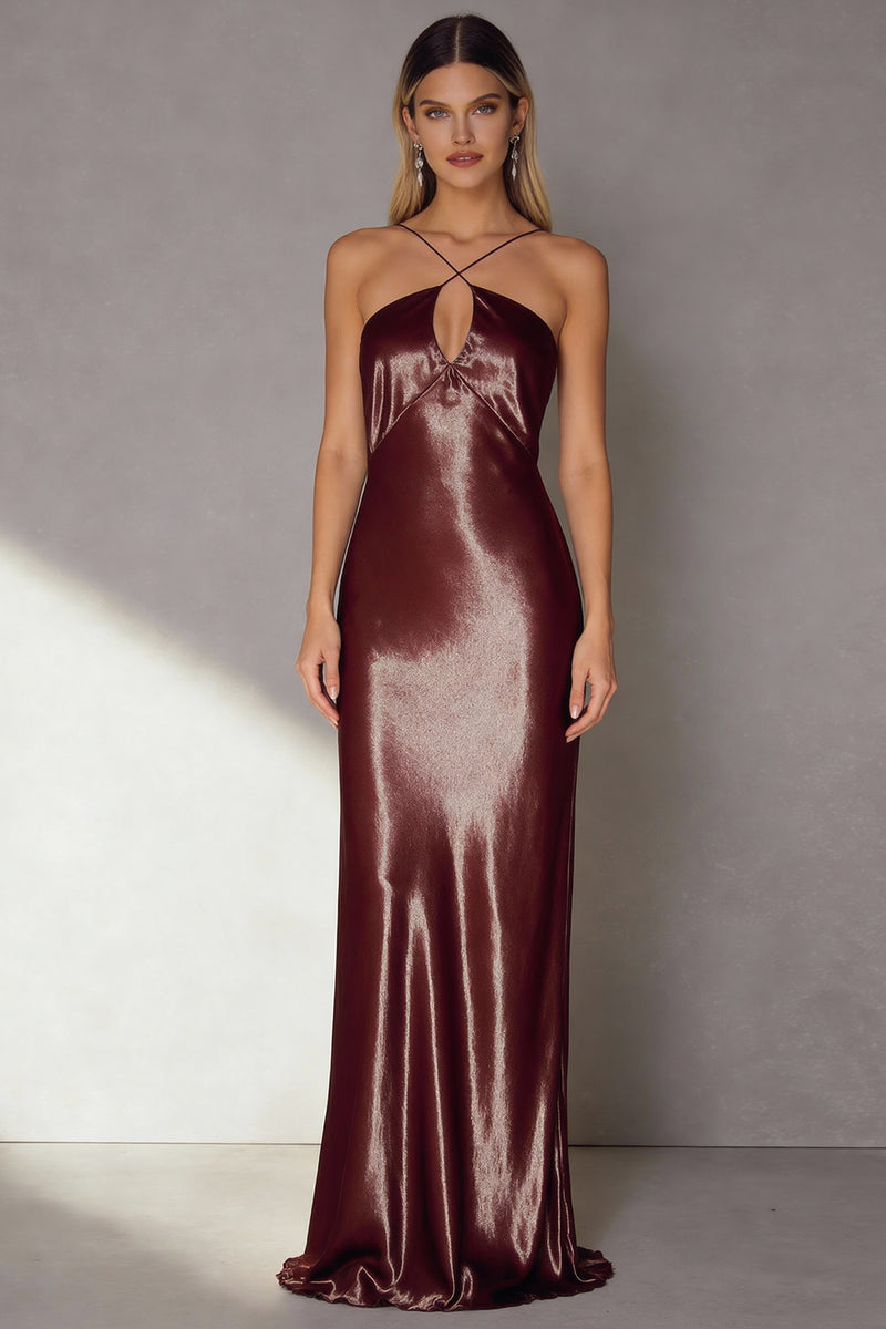 Load image into Gallery viewer, Coffee Sheath Satin Long Wedding Guest Dress with Keyhole