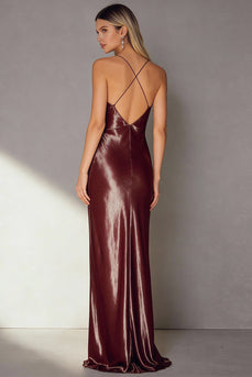 Coffee Sheath Satin Long Wedding Guest Dress with Keyhole