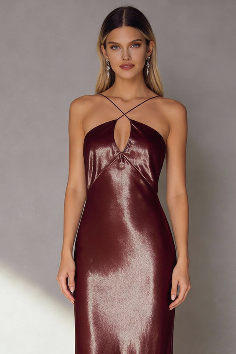 Load image into Gallery viewer, Coffee Sheath Satin Long Wedding Guest Dress with Keyhole