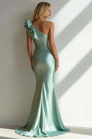 Load image into Gallery viewer, Light Green Mermaid One Shoulder Long Ruffled Wedding Guest Dress