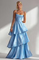 Load image into Gallery viewer, Light Blue Satin Spaghetti Straps A Line Long Wedding Guest Dress with Ruffles