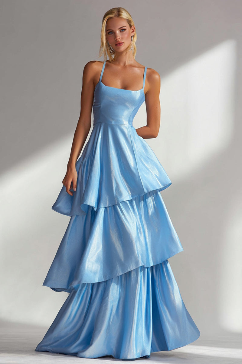 Load image into Gallery viewer, Light Blue Satin Spaghetti Straps A Line Long Wedding Guest Dress with Ruffles