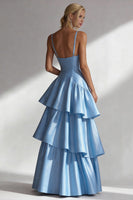 Load image into Gallery viewer, Light Blue Satin Spaghetti Straps A Line Long Wedding Guest Dress with Ruffles