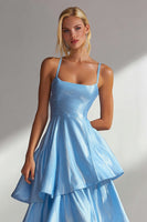 Load image into Gallery viewer, Light Blue Satin Spaghetti Straps A Line Long Wedding Guest Dress with Ruffles