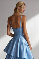 Load image into Gallery viewer, Light Blue Satin Spaghetti Straps A Line Long Wedding Guest Dress with Ruffles