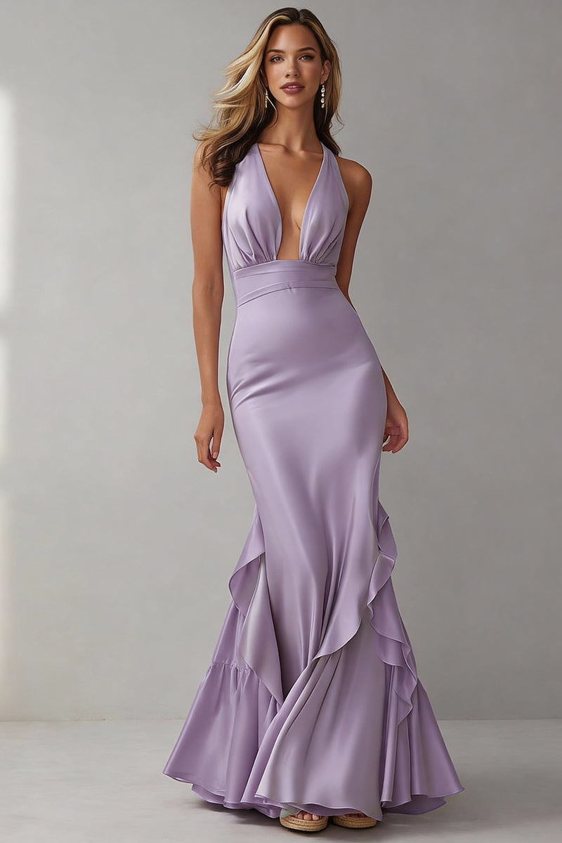 Load image into Gallery viewer, Lilac Mermaid Halter Neck Ruffled Long Wedding Guest Dress