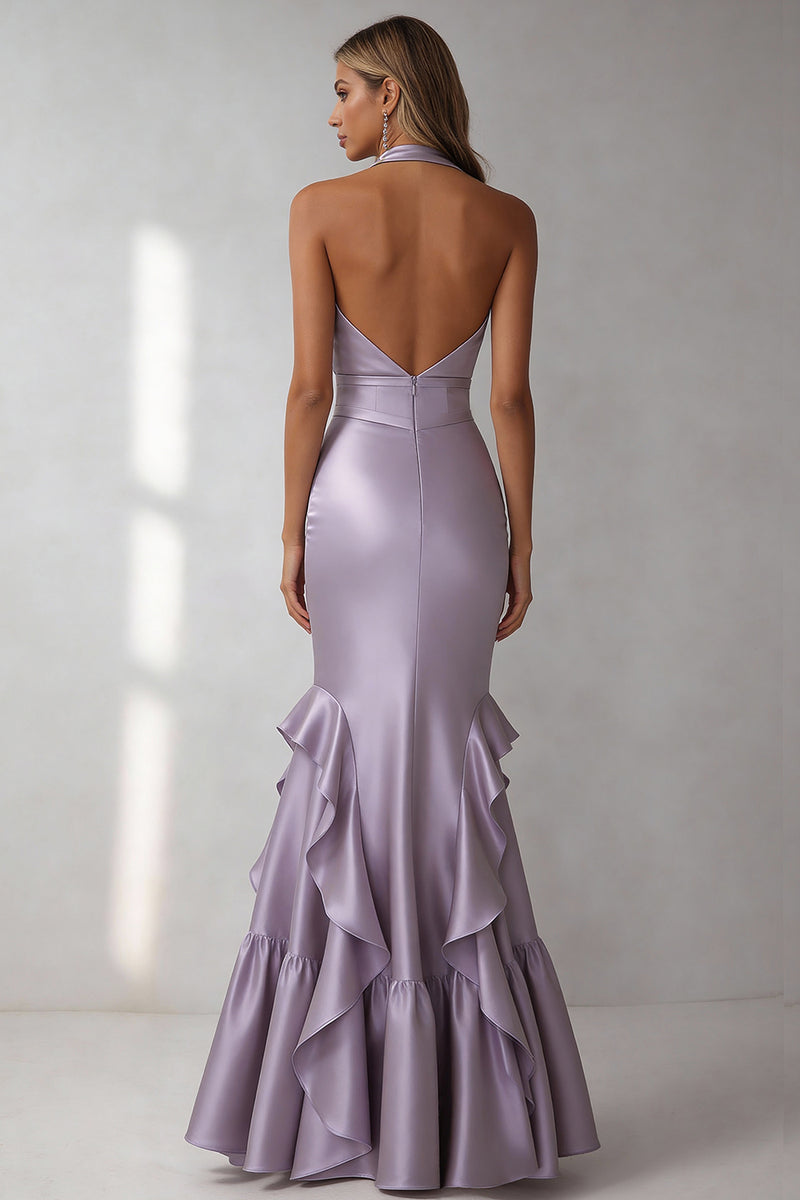 Load image into Gallery viewer, Lilac Mermaid Halter Neck Ruffled Long Wedding Guest Dress