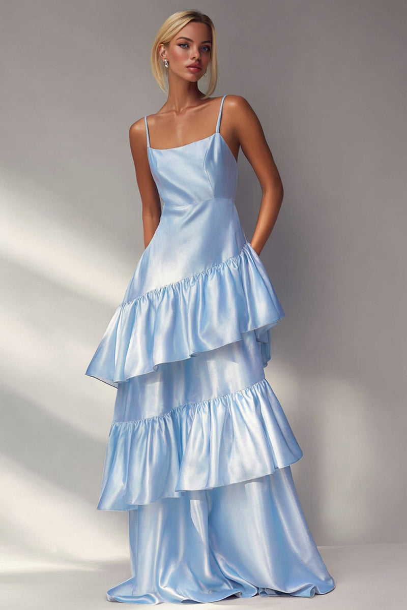 Load image into Gallery viewer, Light Blue A Line Spaghetti Straps Long Tiered Wedding Guest Dress