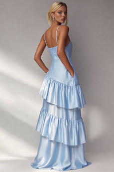 Light Blue A Line Spaghetti Straps Long Tiered Wedding Guest Dress