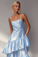 Load image into Gallery viewer, Light Blue A Line Spaghetti Straps Long Tiered Wedding Guest Dress