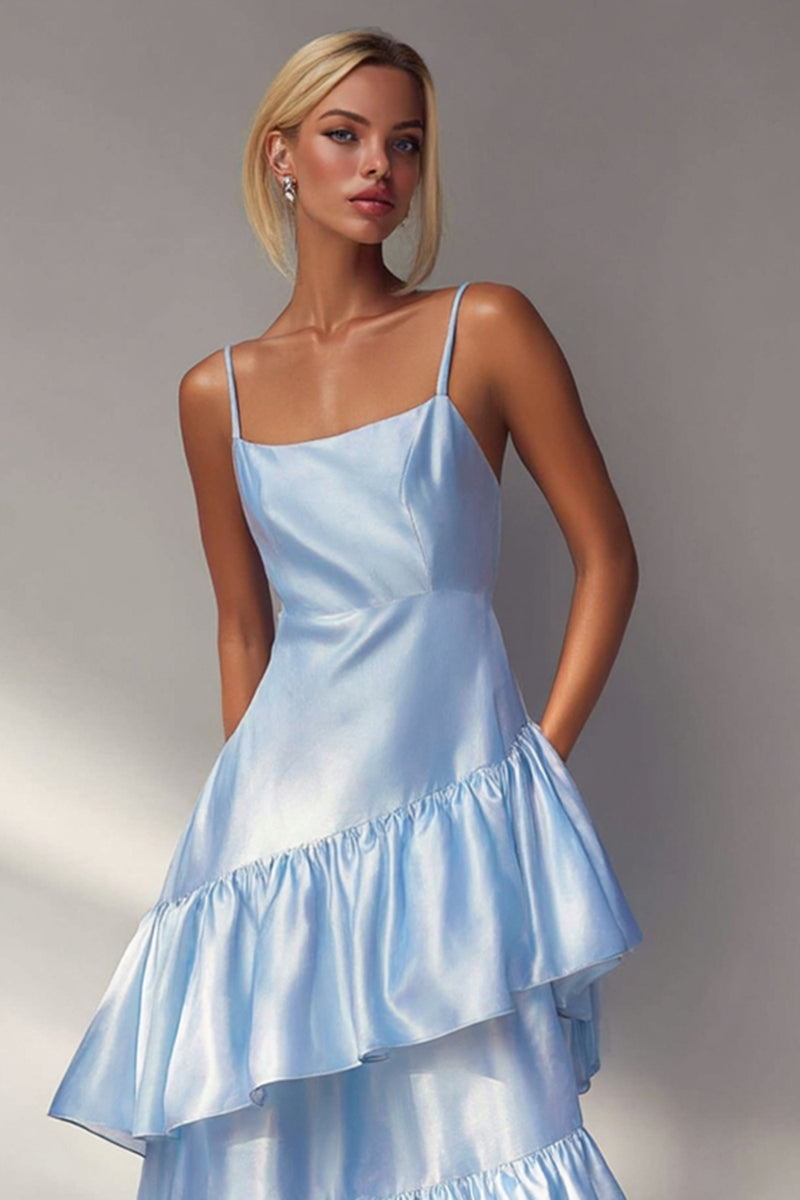 Load image into Gallery viewer, Light Blue A Line Spaghetti Straps Long Tiered Wedding Guest Dress