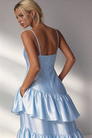 Load image into Gallery viewer, Light Blue A Line Spaghetti Straps Long Tiered Wedding Guest Dress