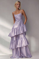 Load image into Gallery viewer, Light Blue A Line Spaghetti Straps Long Tiered Wedding Guest Dress