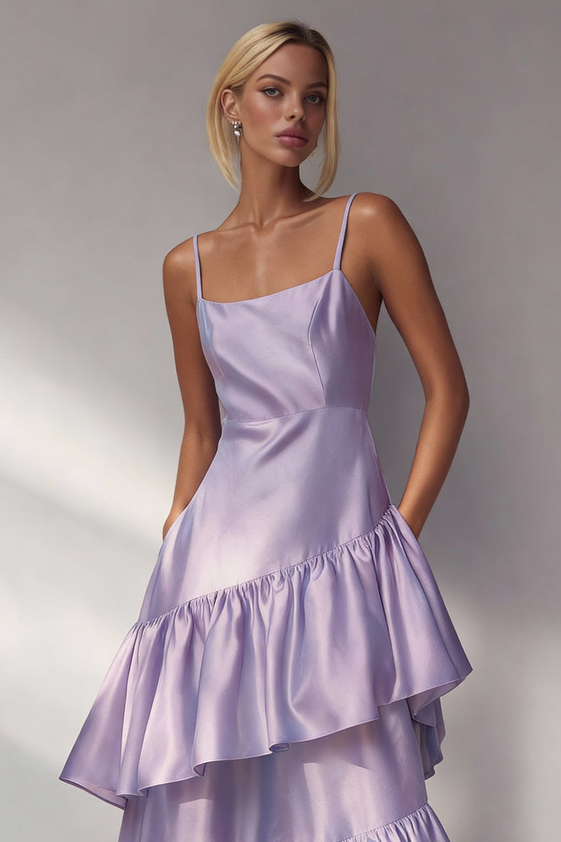 Load image into Gallery viewer, Light Blue A Line Spaghetti Straps Long Tiered Wedding Guest Dress