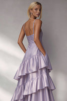 Load image into Gallery viewer, Light Blue A Line Spaghetti Straps Long Tiered Wedding Guest Dress