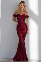 Load image into Gallery viewer, Burgundy Mermaid Off the Shoulder Long Satin Wedding Guest Dress