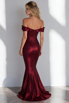 Burgundy Mermaid Off the Shoulder Long Satin Wedding Guest Dress