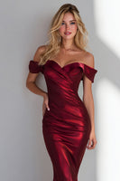 Load image into Gallery viewer, Burgundy Mermaid Off the Shoulder Long Satin Wedding Guest Dress
