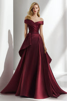 Load image into Gallery viewer, Burgundy A Line Off the Shoulder Long Wedding Guest Dress