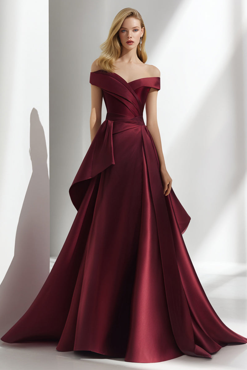 Load image into Gallery viewer, Burgundy A Line Off the Shoulder Long Wedding Guest Dress