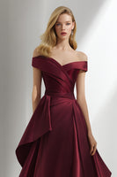 Load image into Gallery viewer, Burgundy A Line Off the Shoulder Long Wedding Guest Dress