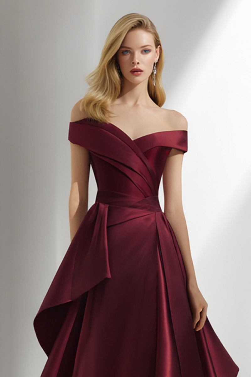 Load image into Gallery viewer, Burgundy A Line Off the Shoulder Long Wedding Guest Dress