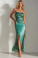 Load image into Gallery viewer, Emerald Green Satin Sheath Long Wedding Guest Dress with Slit