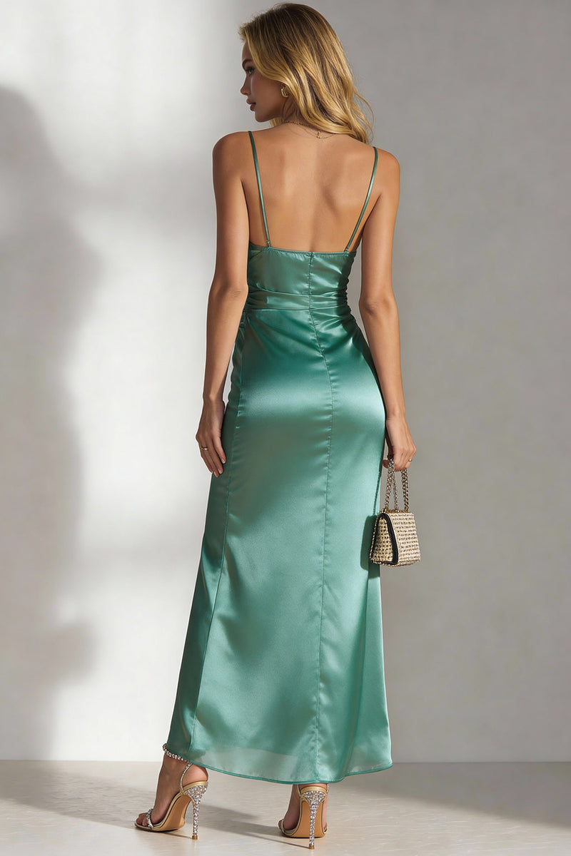 Load image into Gallery viewer, Emerald Green Satin Sheath Long Wedding Guest Dress with Slit