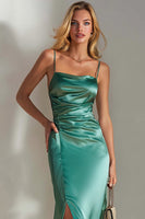 Load image into Gallery viewer, Emerald Green Satin Sheath Long Wedding Guest Dress with Slit