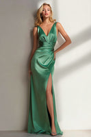 Load image into Gallery viewer, Emerald Green Satin Ruched Sheath Long Wedding Guest Dress with Slit
