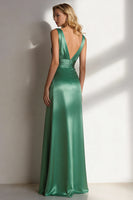 Load image into Gallery viewer, Emerald Green Satin Ruched Sheath Long Wedding Guest Dress with Slit
