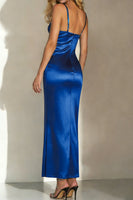 Load image into Gallery viewer, Royal Blue Satin Spaghetti Straps Long Mermaid Wedding Guest Dress