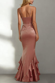 Dusty Rose Ruffled V Neck Mermaid Long Wedding Guest Dress