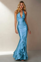 Load image into Gallery viewer, Sky Blue Mermaid Halter Neck Long Wedding Guest Dress with Ruffles
