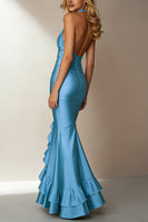 Load image into Gallery viewer, Sky Blue Mermaid Halter Neck Long Wedding Guest Dress with Ruffles