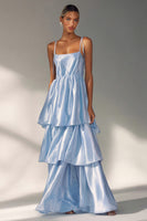 Load image into Gallery viewer, Flowy Light Blue A Line Tiered Long Wedding Guest Dress