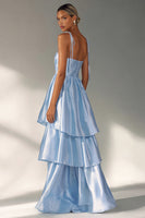 Load image into Gallery viewer, Flowy Light Blue A Line Tiered Long Wedding Guest Dress