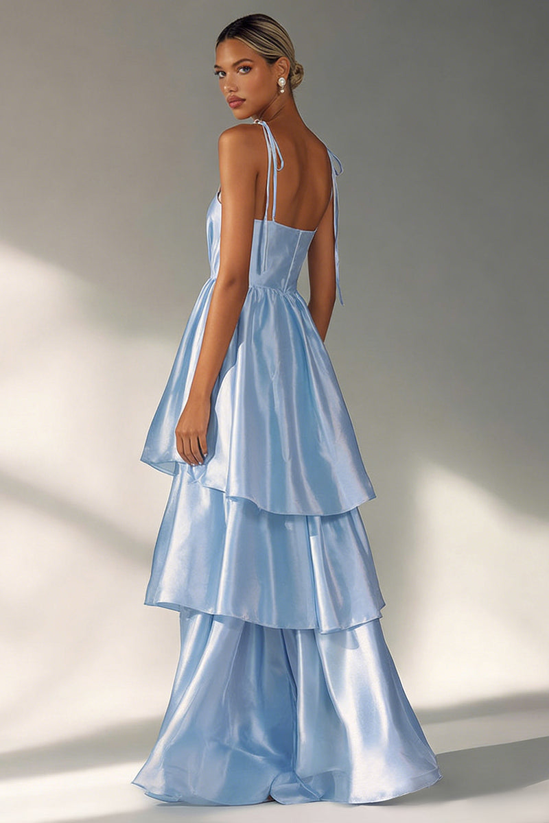 Load image into Gallery viewer, Flowy Light Blue A Line Tiered Long Wedding Guest Dress
