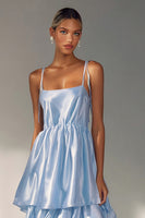 Load image into Gallery viewer, Flowy Light Blue A Line Tiered Long Wedding Guest Dress