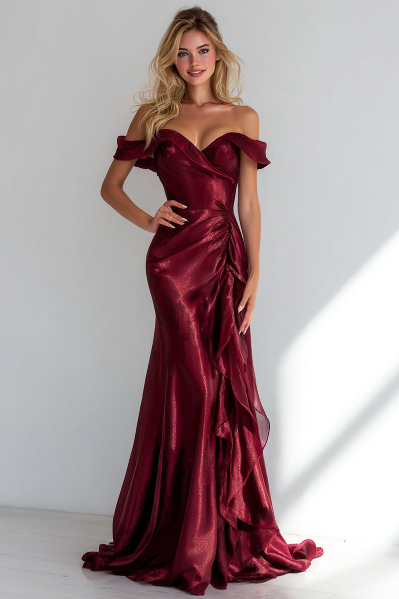 Load image into Gallery viewer, Burgundy Mermaid Off the Shoulder Long Wedding Guest Dress with Ruffles