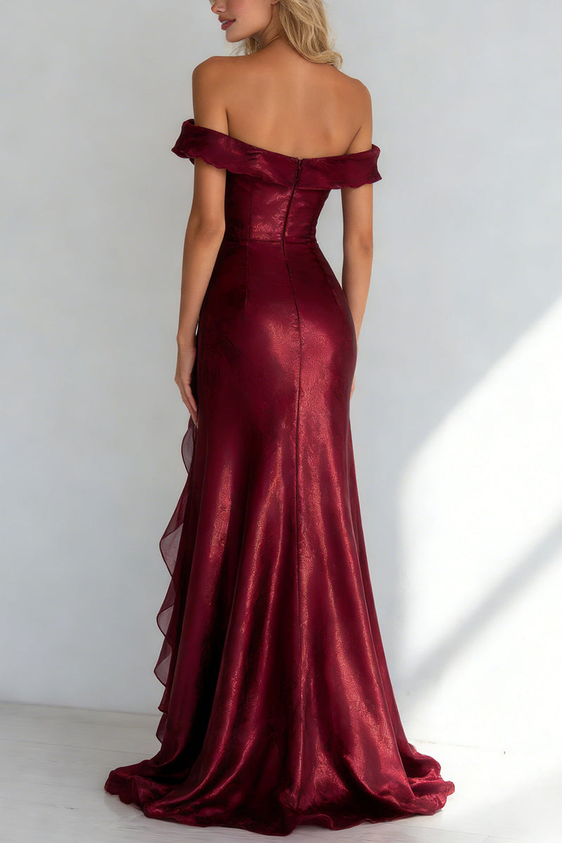 Load image into Gallery viewer, Burgundy Mermaid Off the Shoulder Long Wedding Guest Dress with Ruffles