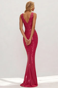 Metallic Fuchsia Mermaid V Neck Ruched Long Wedding Guest Dress