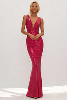 Load image into Gallery viewer, Metallic Fuchsia Mermaid V Neck Ruched Long Wedding Guest Dress
