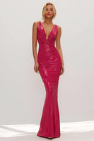 Load image into Gallery viewer, Metallic Fuchsia Mermaid V Neck Ruched Long Wedding Guest Dress