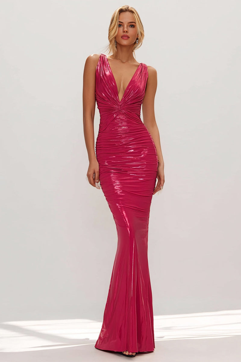 Load image into Gallery viewer, Metallic Fuchsia Mermaid V Neck Ruched Long Wedding Guest Dress