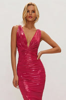 Load image into Gallery viewer, Metallic Fuchsia Mermaid V Neck Ruched Long Wedding Guest Dress