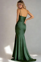 Load image into Gallery viewer, Dark Green Mermaid Ruched Long Wedding Guest Dress with Slit